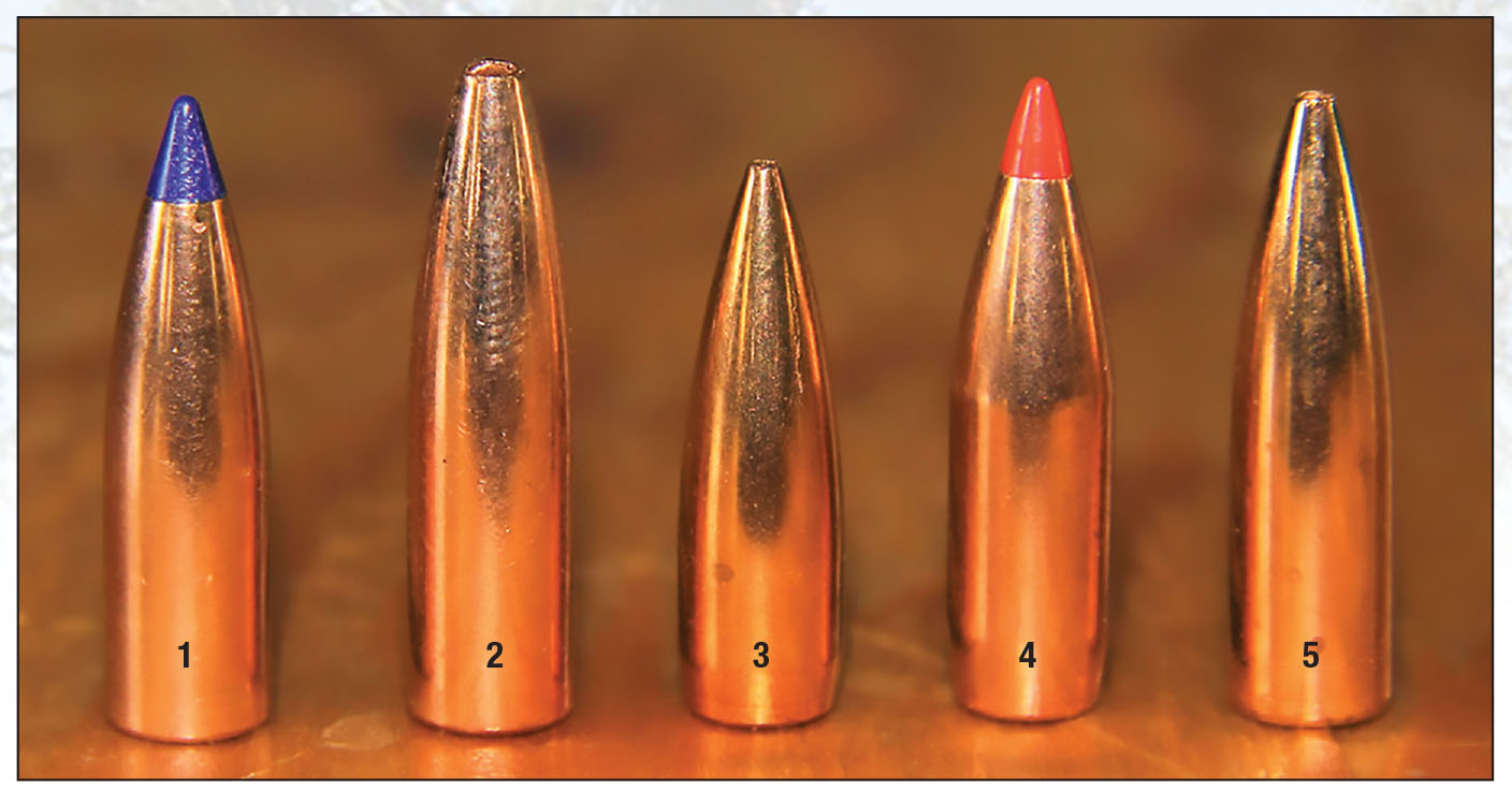 Bullets used in testing included: (1) Nosler’s 55-grain Lead-Free Ballistic Tip Varmint, (2) Barnes’ 62-grain Varmint Grenade, (3) Berger’s 65-grain Boat Tail Target, (4) Hornady’s 75-grain V-MAX and (5) Berger’s 80-grain Flat Base Varmint. Nosler’s 85-grain Partition was added later for hunting.